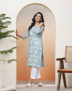 Vaasva Women Mint Cotton Printed Straight Kurti | Grocsy