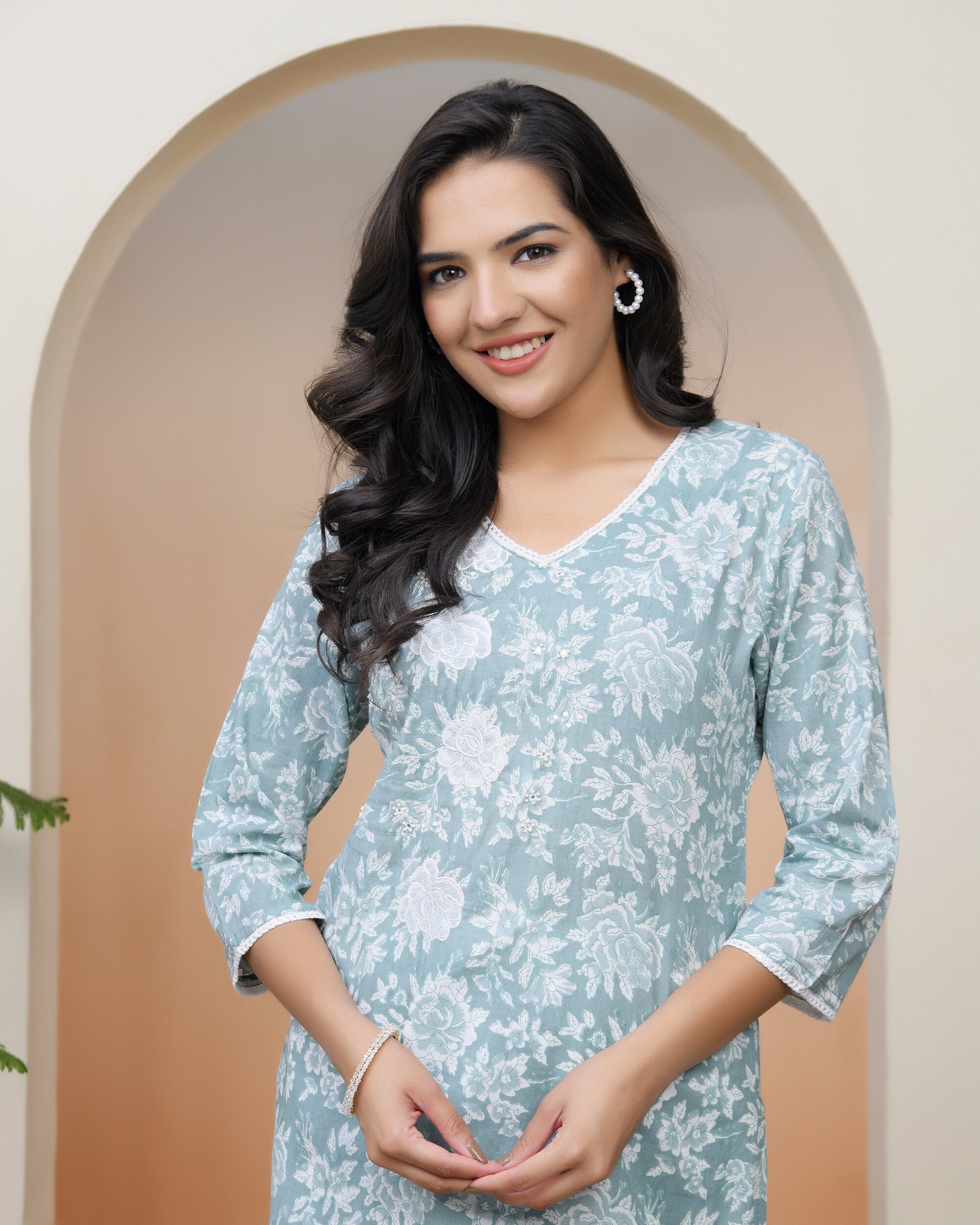 Vaasva Women Mint Cotton Printed Straight Kurti | Grocsy