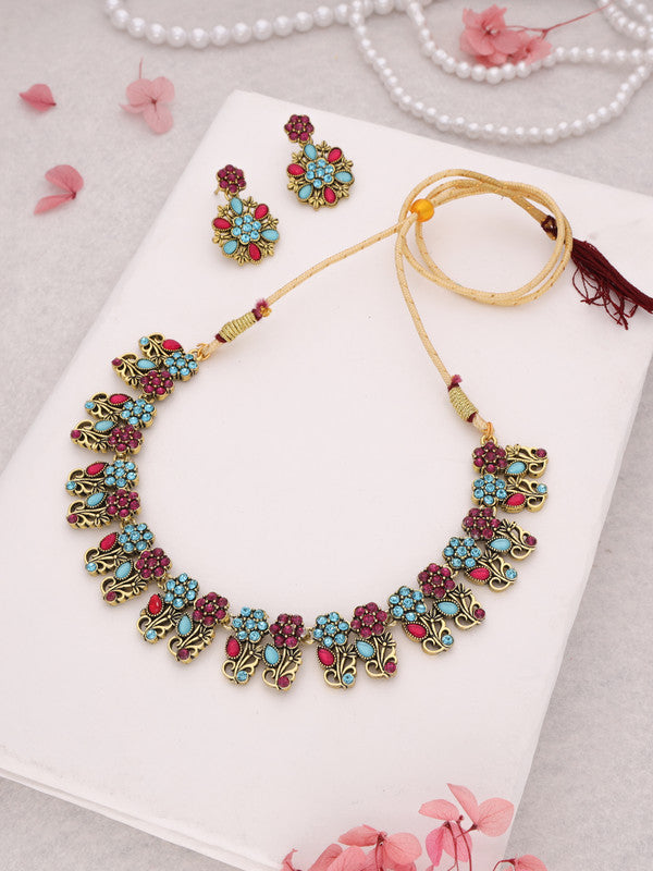 Tehzeeb Creations Luxurious Gold Polished Sky Blue Color Choker Necklace Set With Matching Earrings | Grocsy