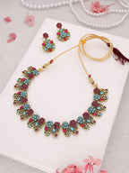 Tehzeeb Creations Luxurious Gold Polished Sky Blue Color Choker Necklace Set With Matching Earrings | Grocsy