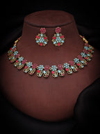 Tehzeeb Creations Luxurious Gold Polished Sky Blue Color Choker Necklace Set With Matching Earrings | Grocsy