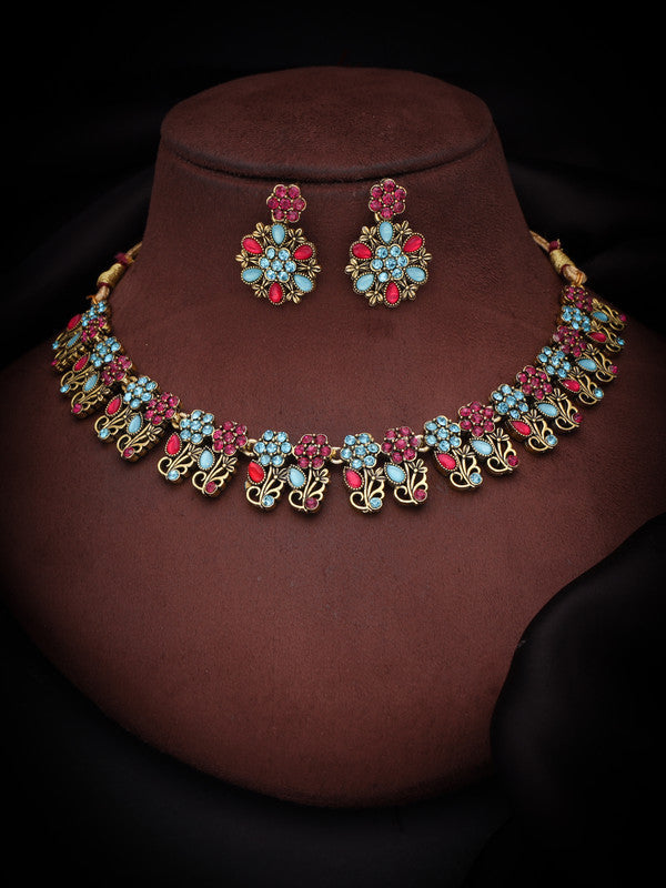 Tehzeeb Creations Luxurious Gold Polished Sky Blue Color Choker Necklace Set With Matching Earrings | Grocsy