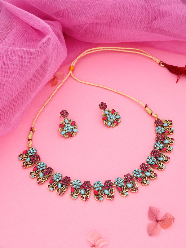 Tehzeeb Creations Luxurious Gold Polished Sky Blue Color Choker Necklace Set With Matching Earrings | Grocsy