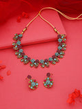 Tehzeeb Creations Luxurious Gold Polished Sky Blue Color Choker Necklace Set With Matching Earrings | Grocsy