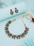 Tehzeeb Creations Luxurious Gold Polished Sky Blue Color Choker Necklace Set With Matching Earrings | Grocsy