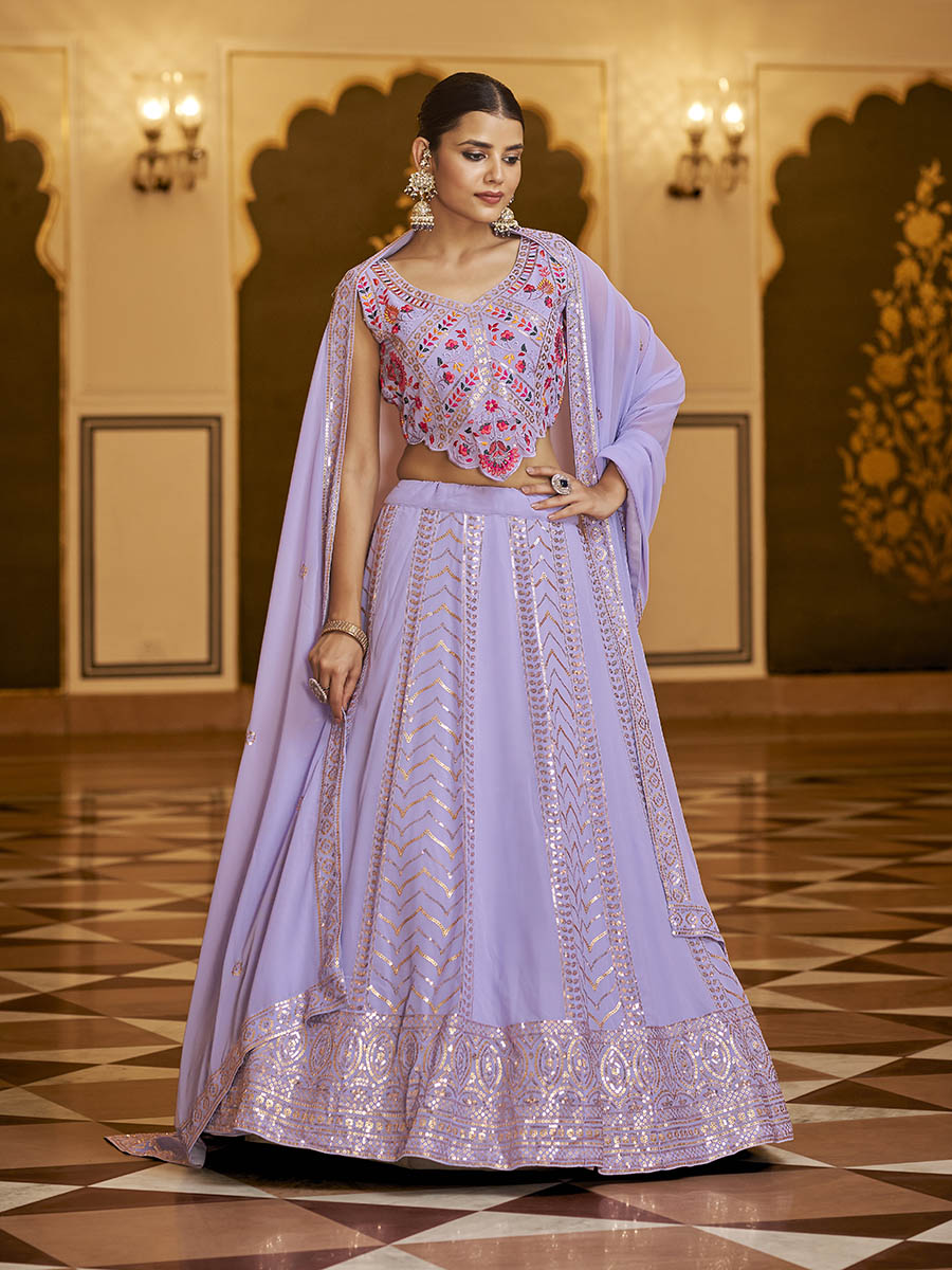 Myra Lavender Gorgette Embroidered Designer Lehenga Choli | Grocsy