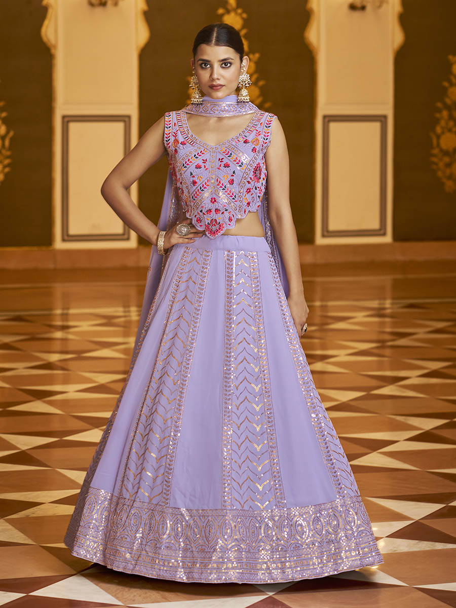 Myra Lavender Gorgette Embroidered Designer Lehenga Choli | Grocsy