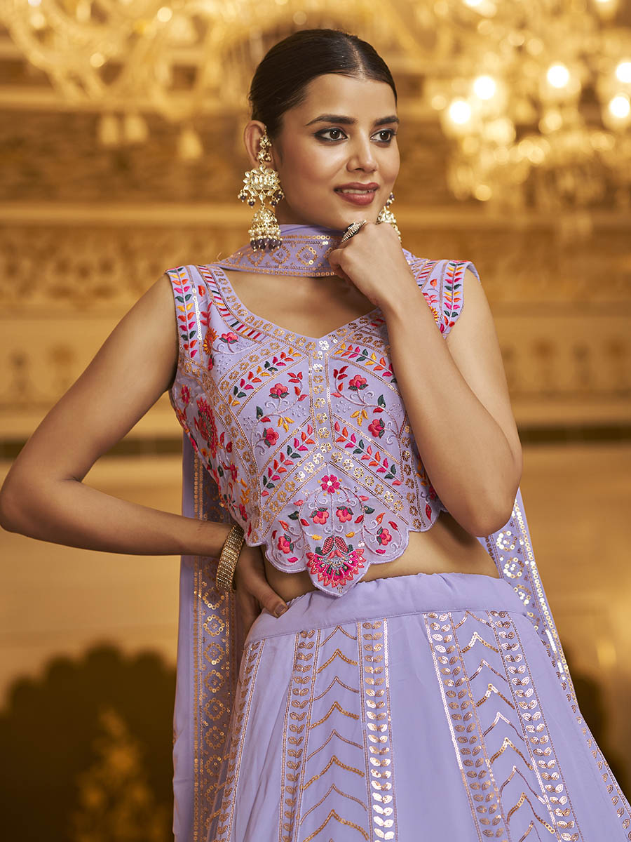 Myra Lavender Gorgette Embroidered Designer Lehenga Choli | Grocsy
