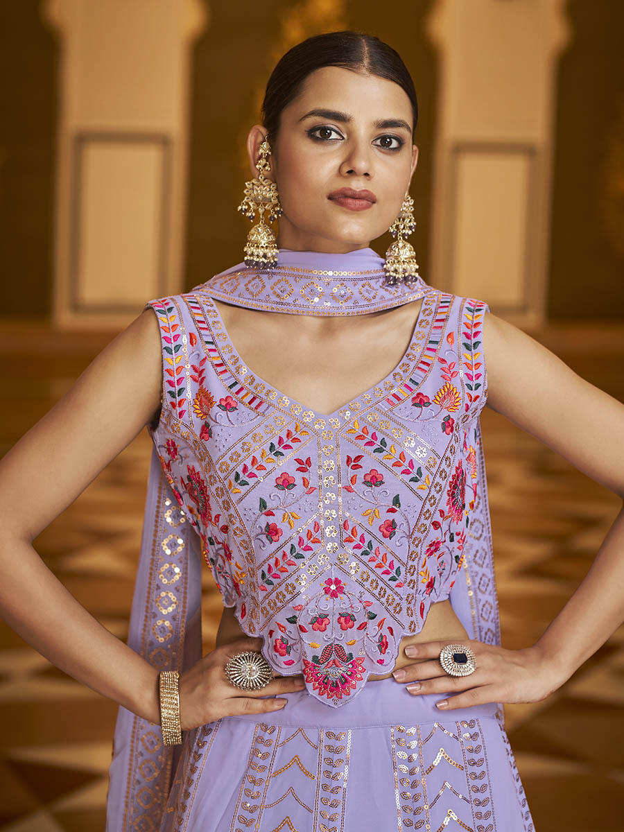 Myra Lavender Gorgette Embroidered Designer Lehenga Choli | Grocsy