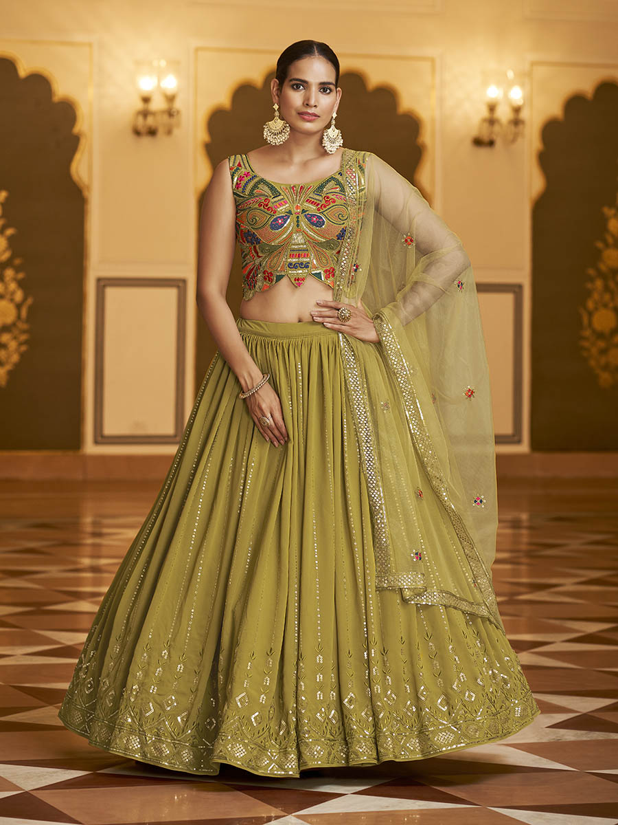 Myra Folurecent Green Gorgette Embroidered Designer Lehenga Choli | Grocsy