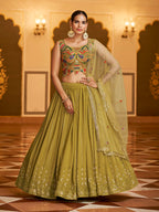 Myra Folurecent Green Gorgette Embroidered Designer Lehenga Choli | Grocsy
