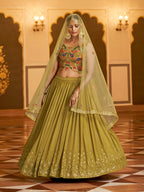 Myra Folurecent Green Gorgette Embroidered Designer Lehenga Choli | Grocsy