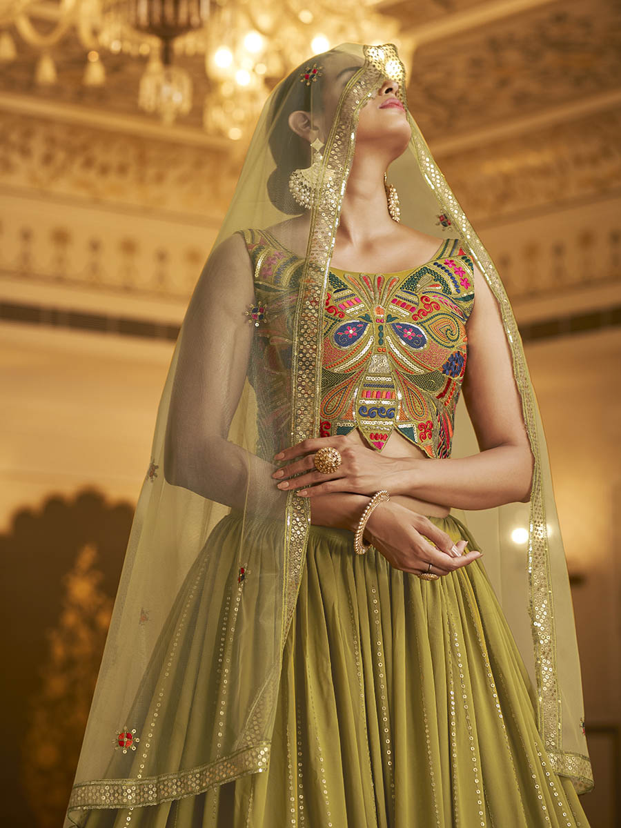 Myra Folurecent Green Gorgette Embroidered Designer Lehenga Choli | Grocsy