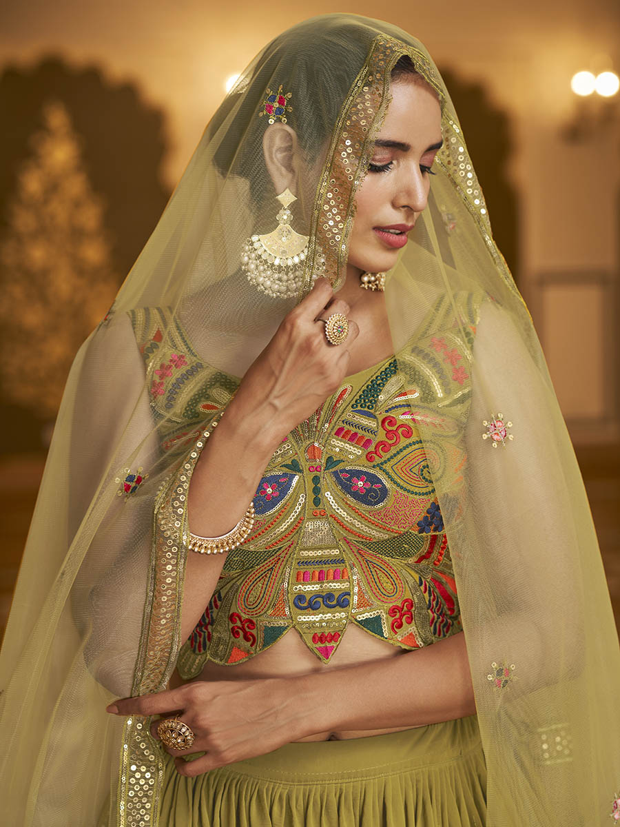 Myra Folurecent Green Gorgette Embroidered Designer Lehenga Choli | Grocsy