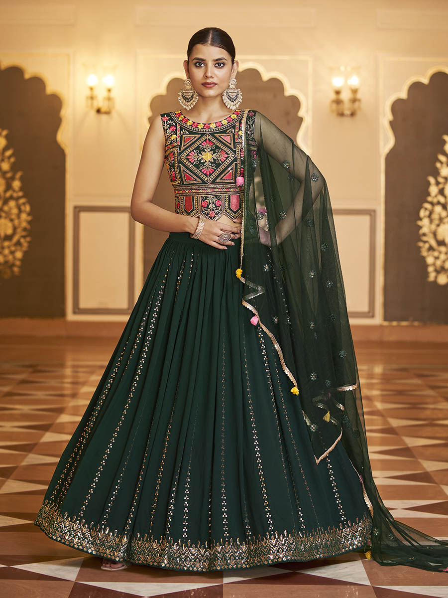 Myra Green Gorgette Embroidered Designer Lehenga Choli | Grocsy