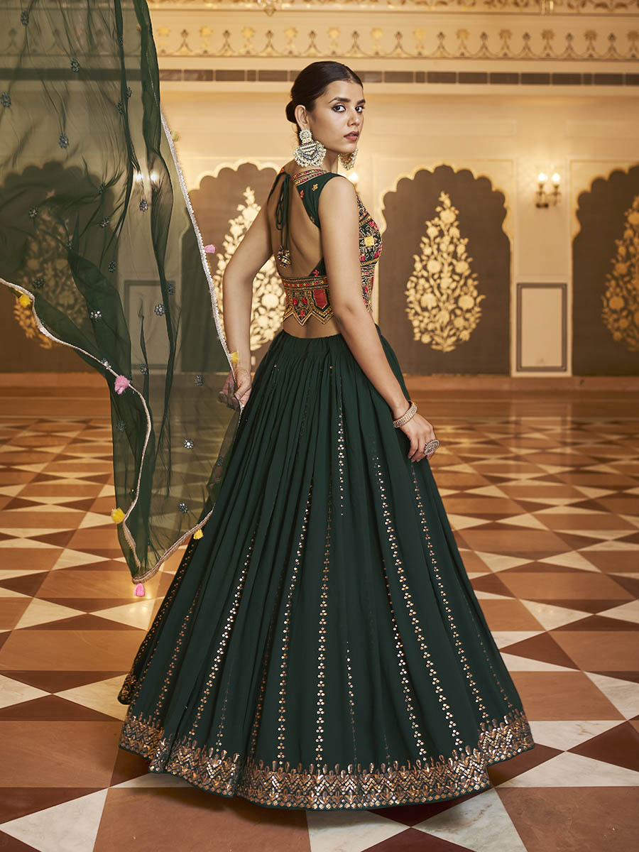 Myra Green Gorgette Embroidered Designer Lehenga Choli | Grocsy