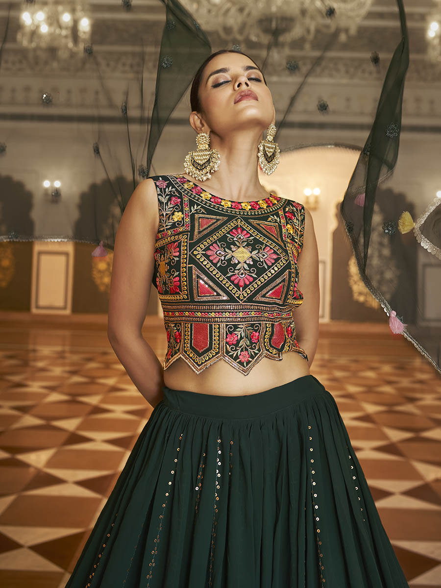 Myra Green Gorgette Embroidered Designer Lehenga Choli | Grocsy