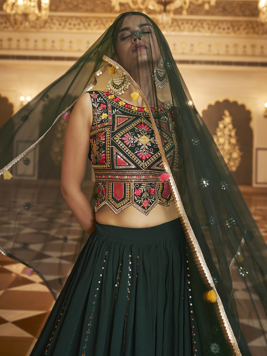 Myra Green Gorgette Embroidered Designer Lehenga Choli | Grocsy