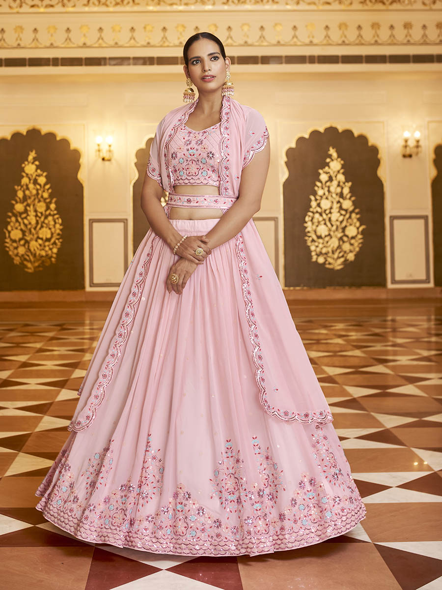 Myra Pink Gorgette Embroidered Designer Lehenga Choli | Grocsy