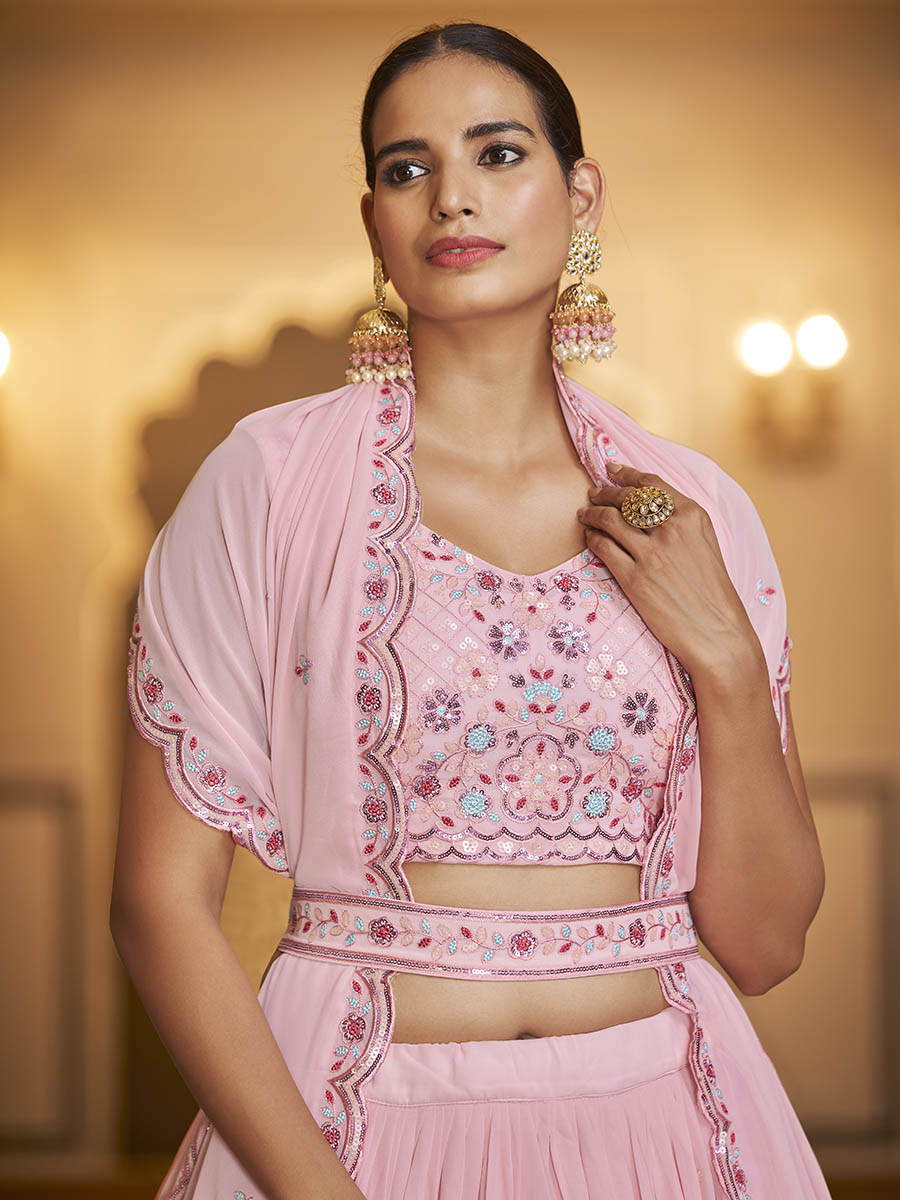 Myra Pink Gorgette Embroidered Designer Lehenga Choli | Grocsy