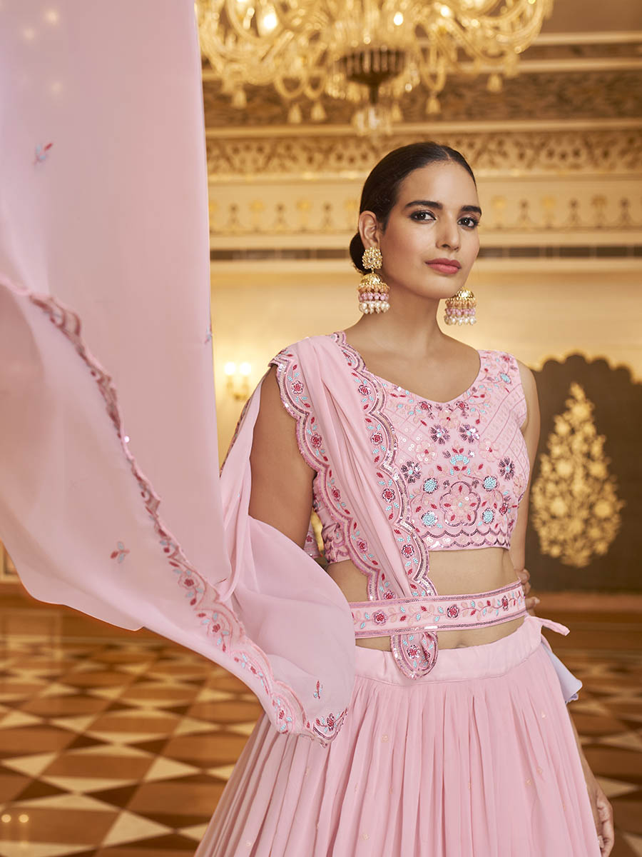 Myra Pink Gorgette Embroidered Designer Lehenga Choli | Grocsy