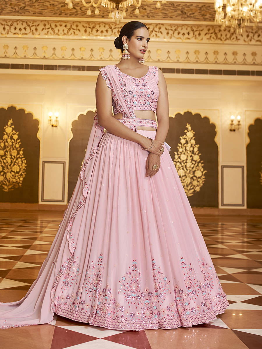 Myra Pink Gorgette Embroidered Designer Lehenga Choli | Grocsy