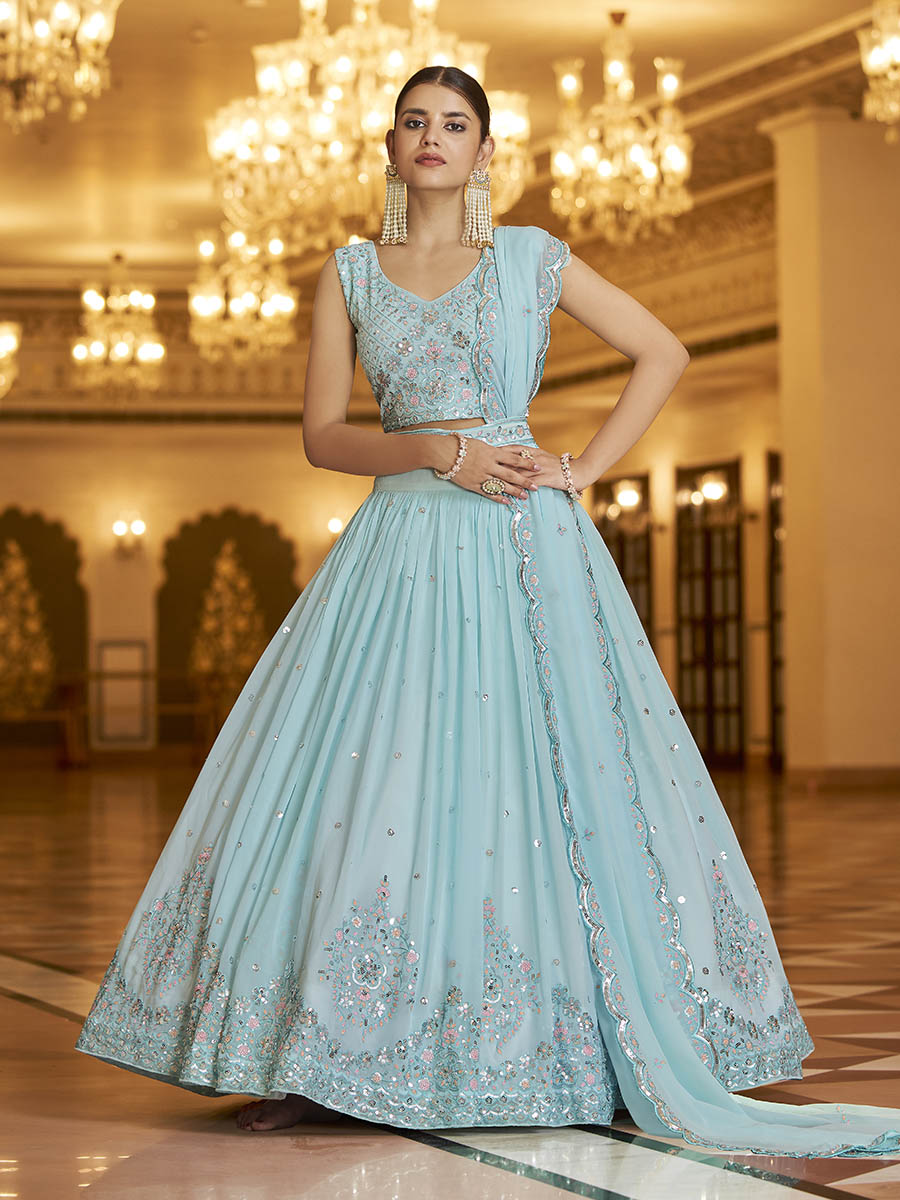 Myra Sky Gorgette Embroidered Designer Lehenga Choli | Grocsy