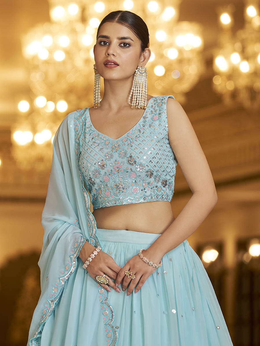 Myra Sky Gorgette Embroidered Designer Lehenga Choli | Grocsy