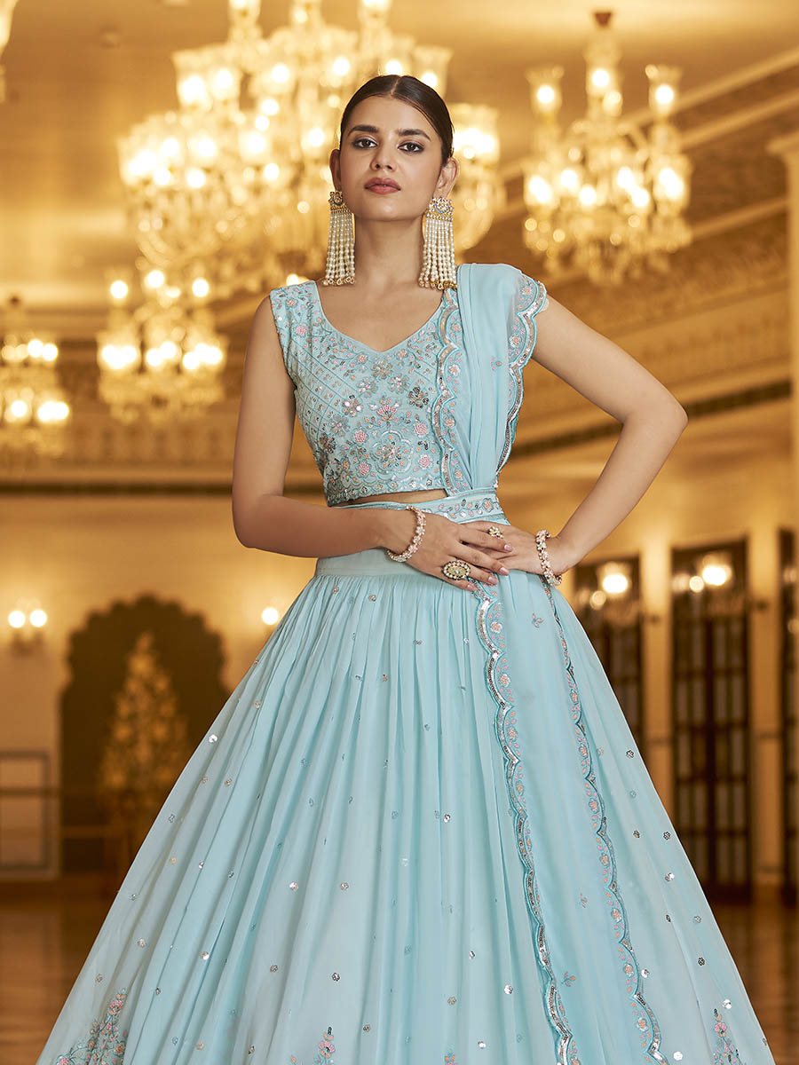 Myra Sky Gorgette Embroidered Designer Lehenga Choli | Grocsy