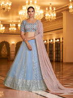 Myra Sky & Dusty Pink Gorgette Embroidered Designer Lehenga Choli | Grocsy