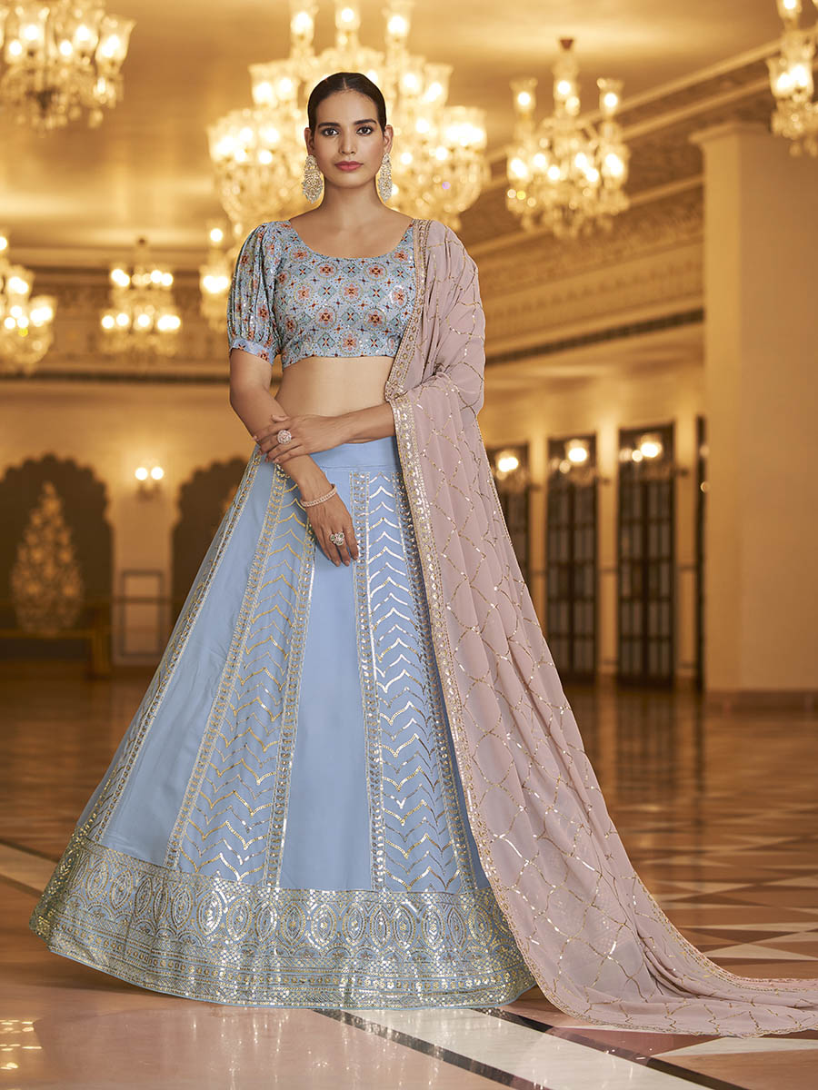 Myra Sky & Dusty Pink Gorgette Embroidered Designer Lehenga Choli | Grocsy
