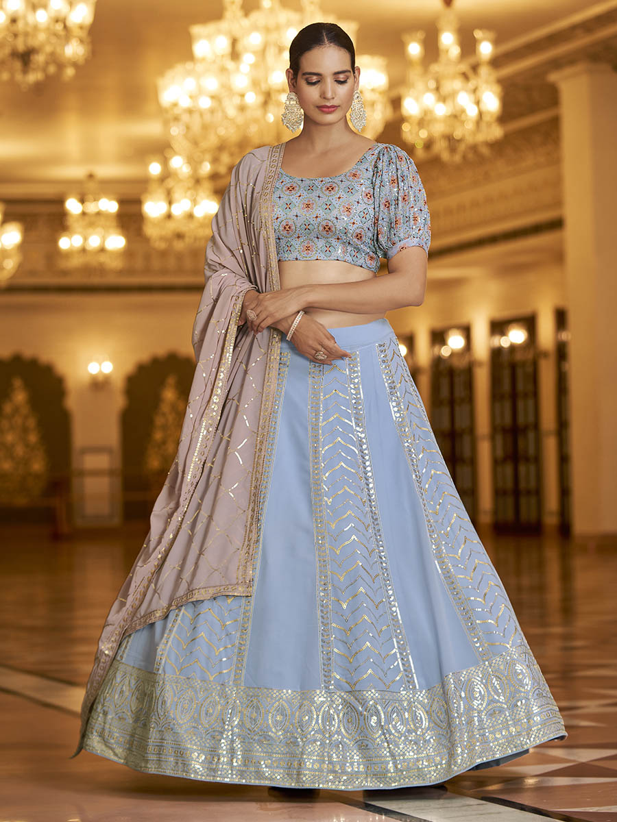 Myra Sky & Dusty Pink Gorgette Embroidered Designer Lehenga Choli | Grocsy
