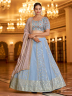 Myra Sky & Dusty Pink Gorgette Embroidered Designer Lehenga Choli | Grocsy