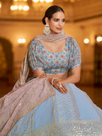 Myra Sky & Dusty Pink Gorgette Embroidered Designer Lehenga Choli | Grocsy