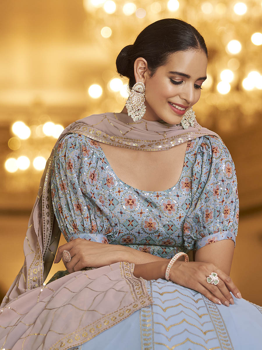 Myra Sky & Dusty Pink Gorgette Embroidered Designer Lehenga Choli | Grocsy