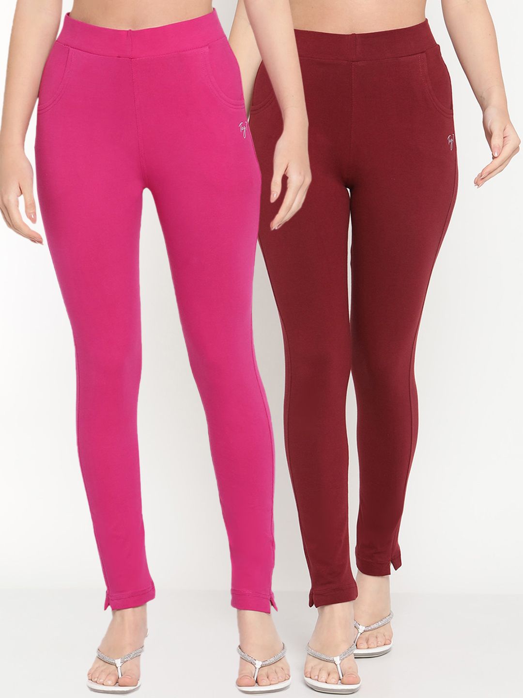 TAG 7 Women Pack of 2 Pink & Maroon Solid Kurti Pants | Grocsy