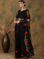 Sangria Black Floral Embroidered Saree | Grocsy