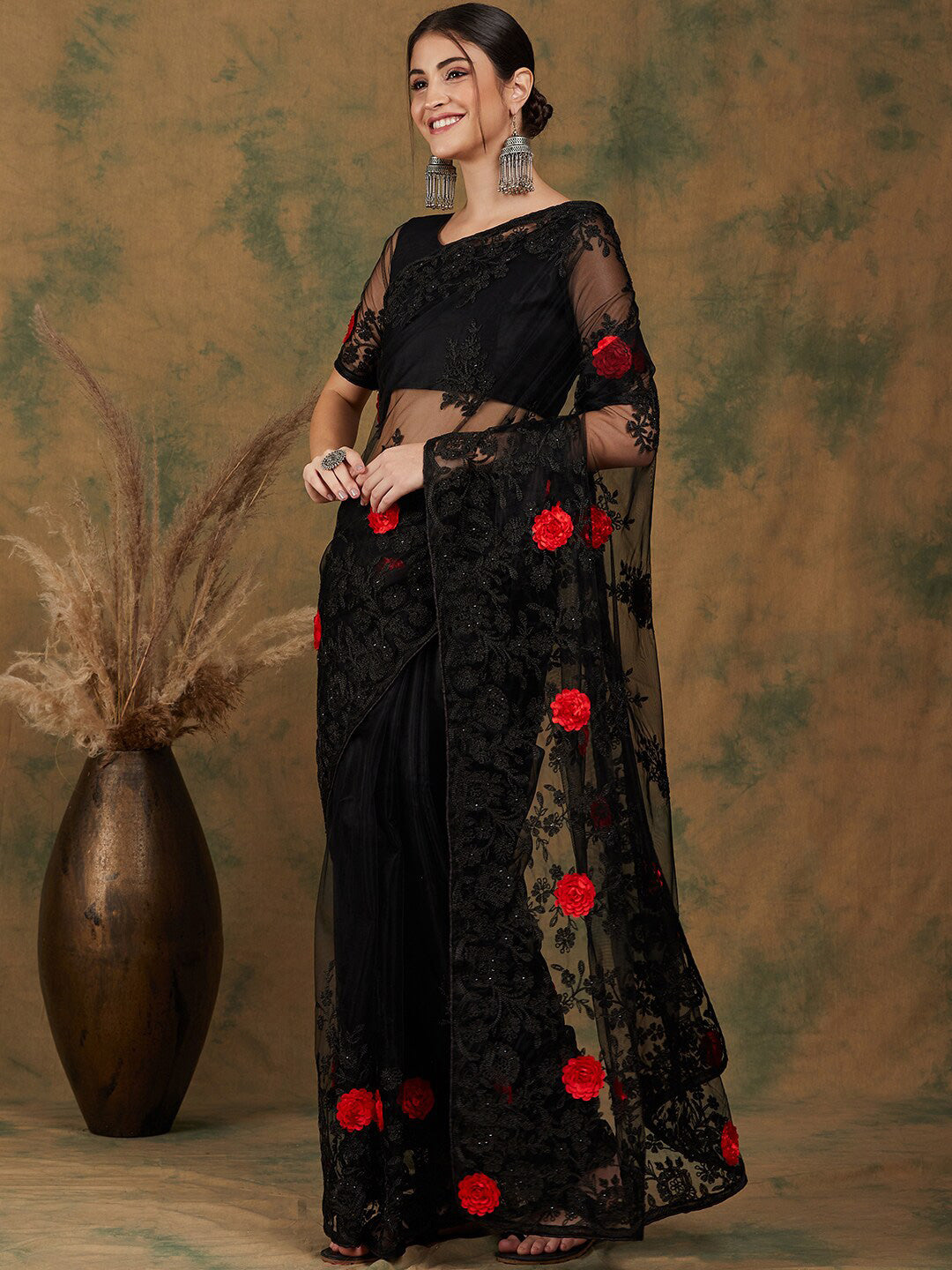 Sangria Black Floral Embroidered Saree | Grocsy