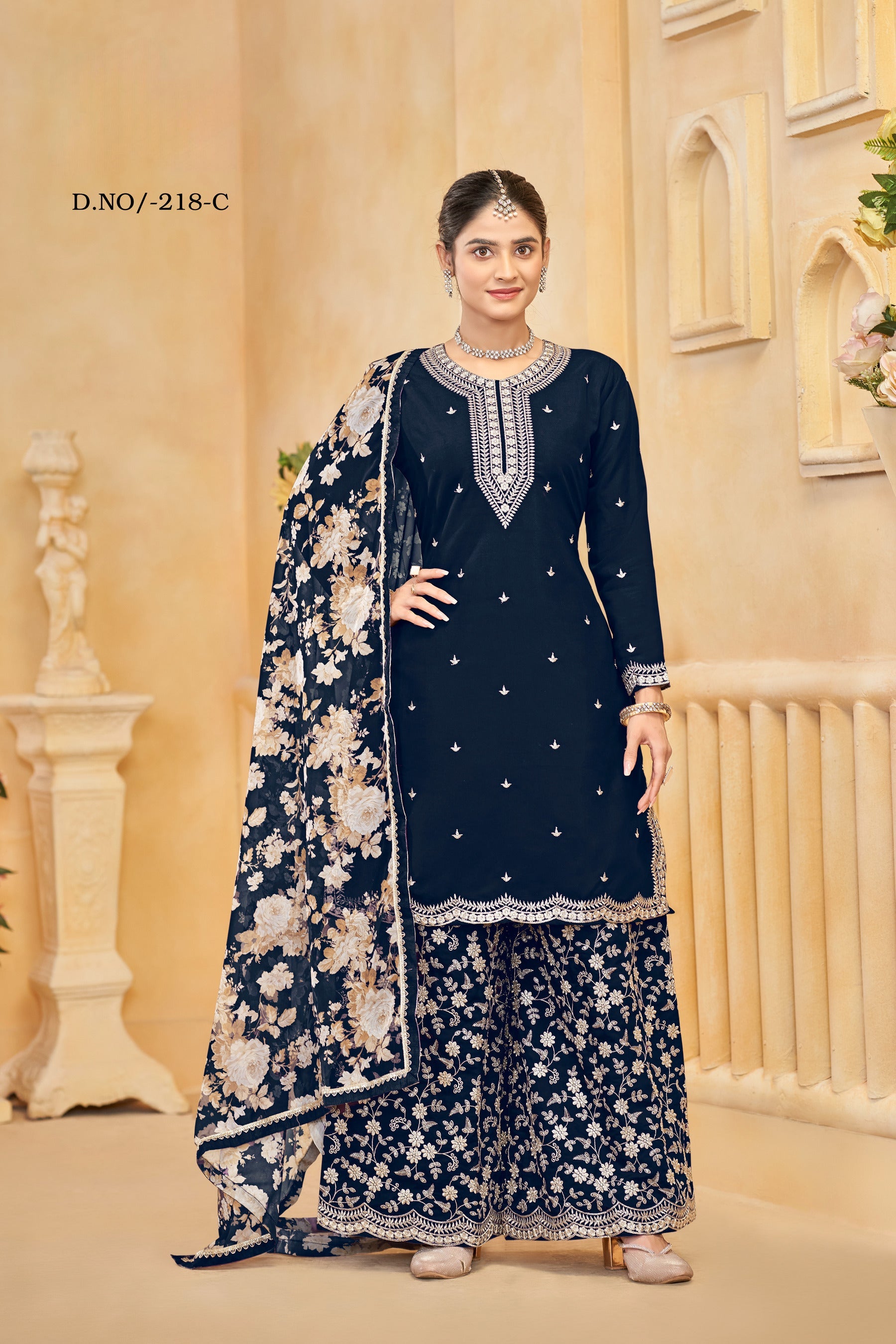 Anaita Navy Blue Roman Silk Embroidered Salwar Suit | Grocsy