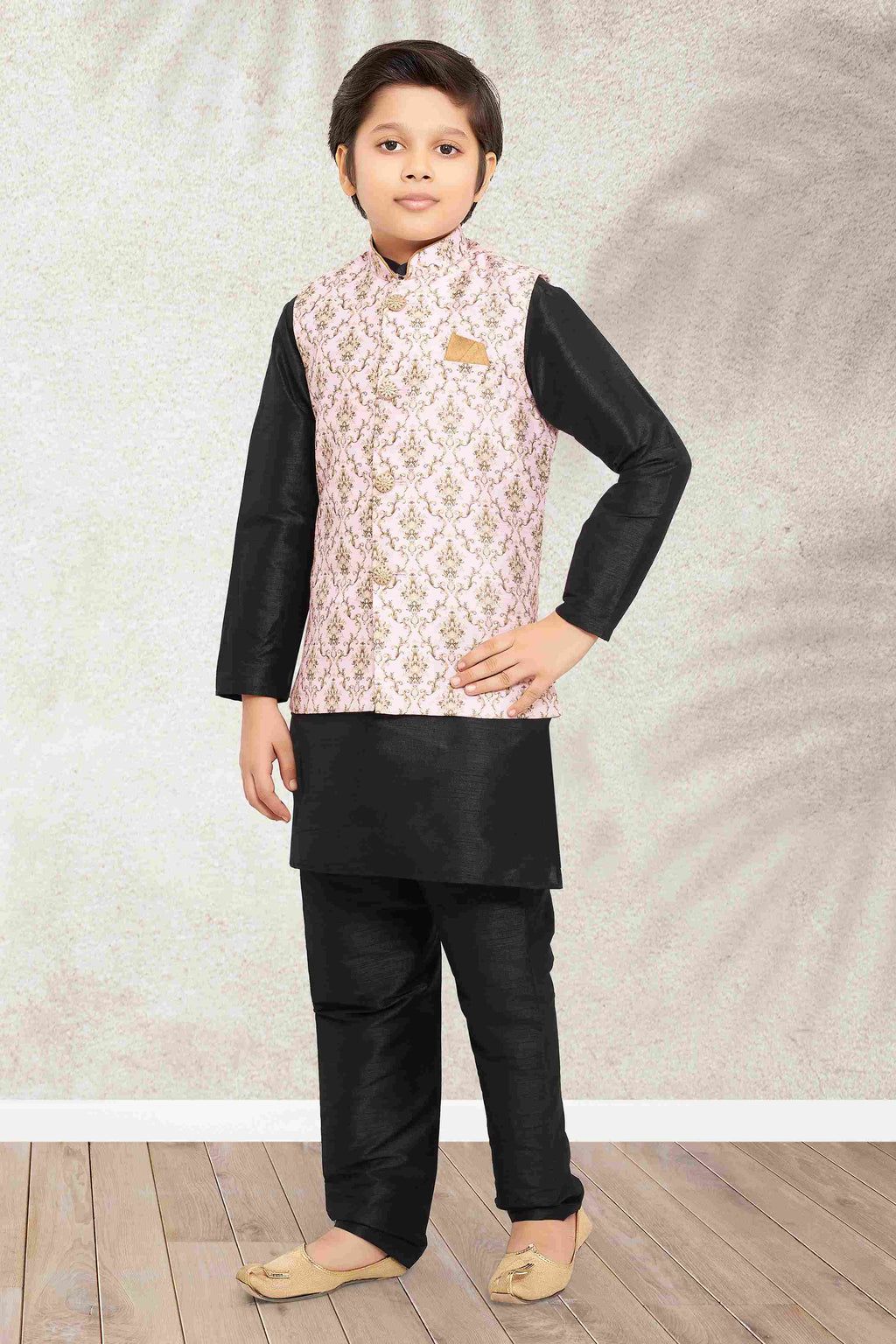Raivat Ethnic Banarasi Silk Digital Printed Kurta Pajama With Jacket In Light Pink Colour | Grocsy