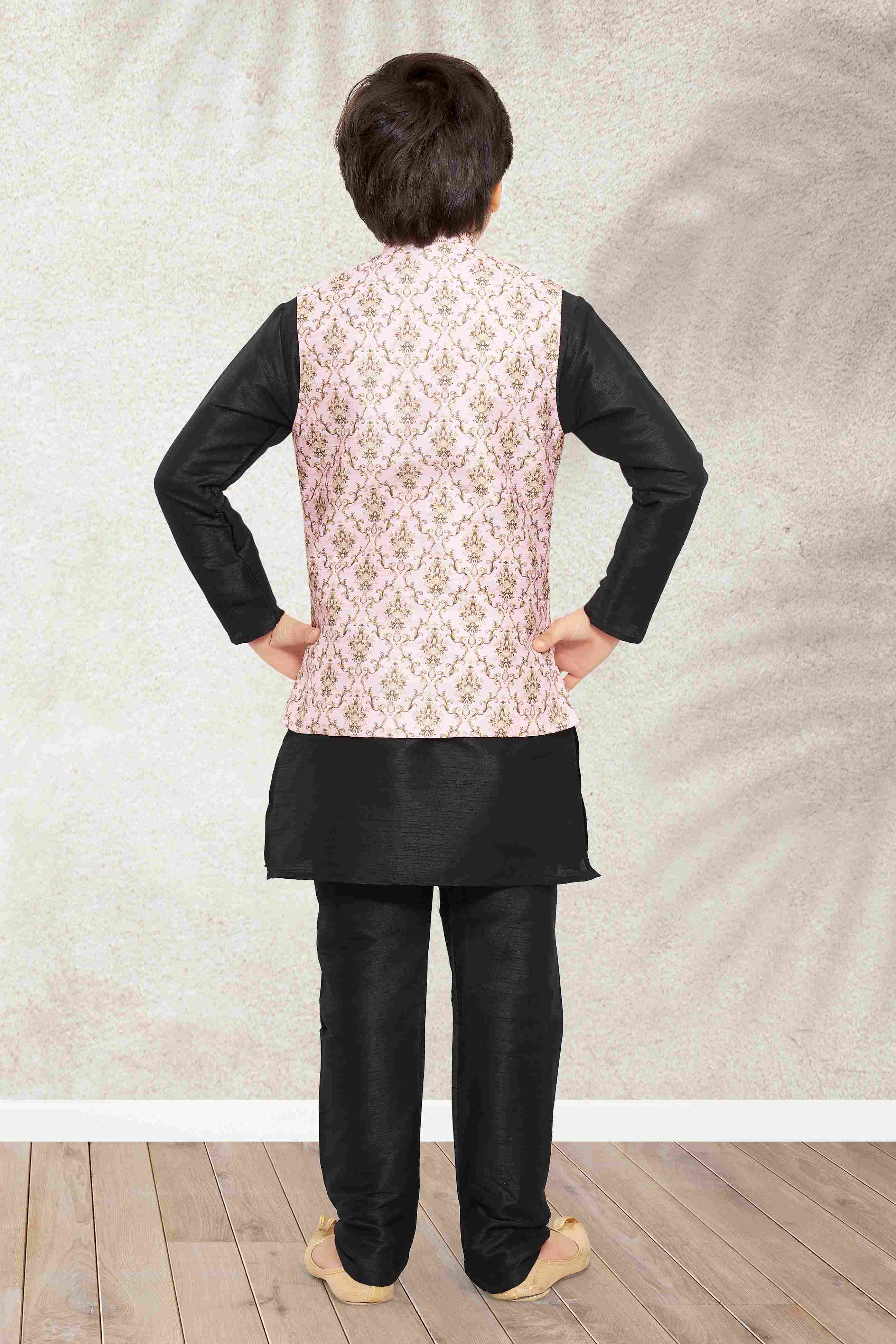 Raivat Ethnic Banarasi Silk Digital Printed Kurta Pajama With Jacket In Light Pink Colour | Grocsy