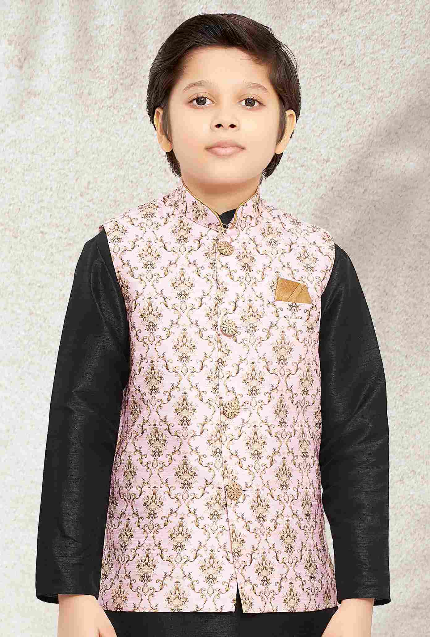 Raivat Ethnic Banarasi Silk Digital Printed Kurta Pajama With Jacket In Light Pink Colour | Grocsy