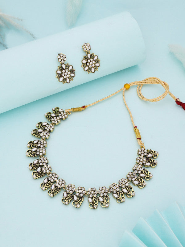 Tehzeeb Creations Luxurious Gold Polished White Colour Choker Necklace Set With Matching Earrings - Swadesiicart
