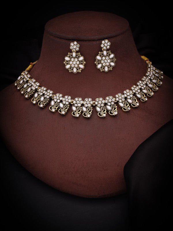 Tehzeeb Creations Luxurious Gold Polished White Colour Choker Necklace Set With Matching Earrings - Swadesiicart