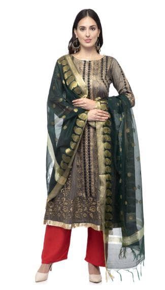 A R Silk Women's Chanderi Zari Embroidery Bottle Green Fancy Dupatta | Grocsy