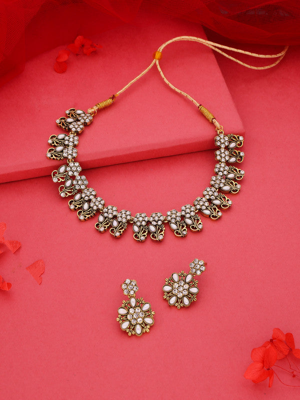 Tehzeeb Creations Luxurious Gold Polished White Colour Choker Necklace Set With Matching Earrings - Swadesiicart