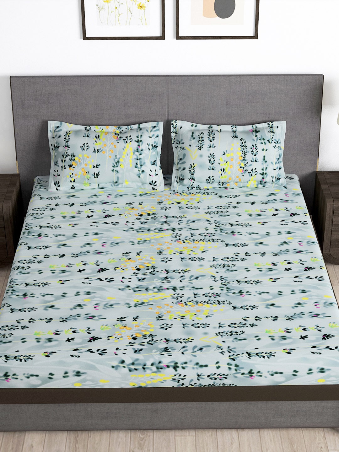 Story@home Arena Grey & Blue Floral Printed 180 TC Bedsheet & Pillow Covers | Grocsy