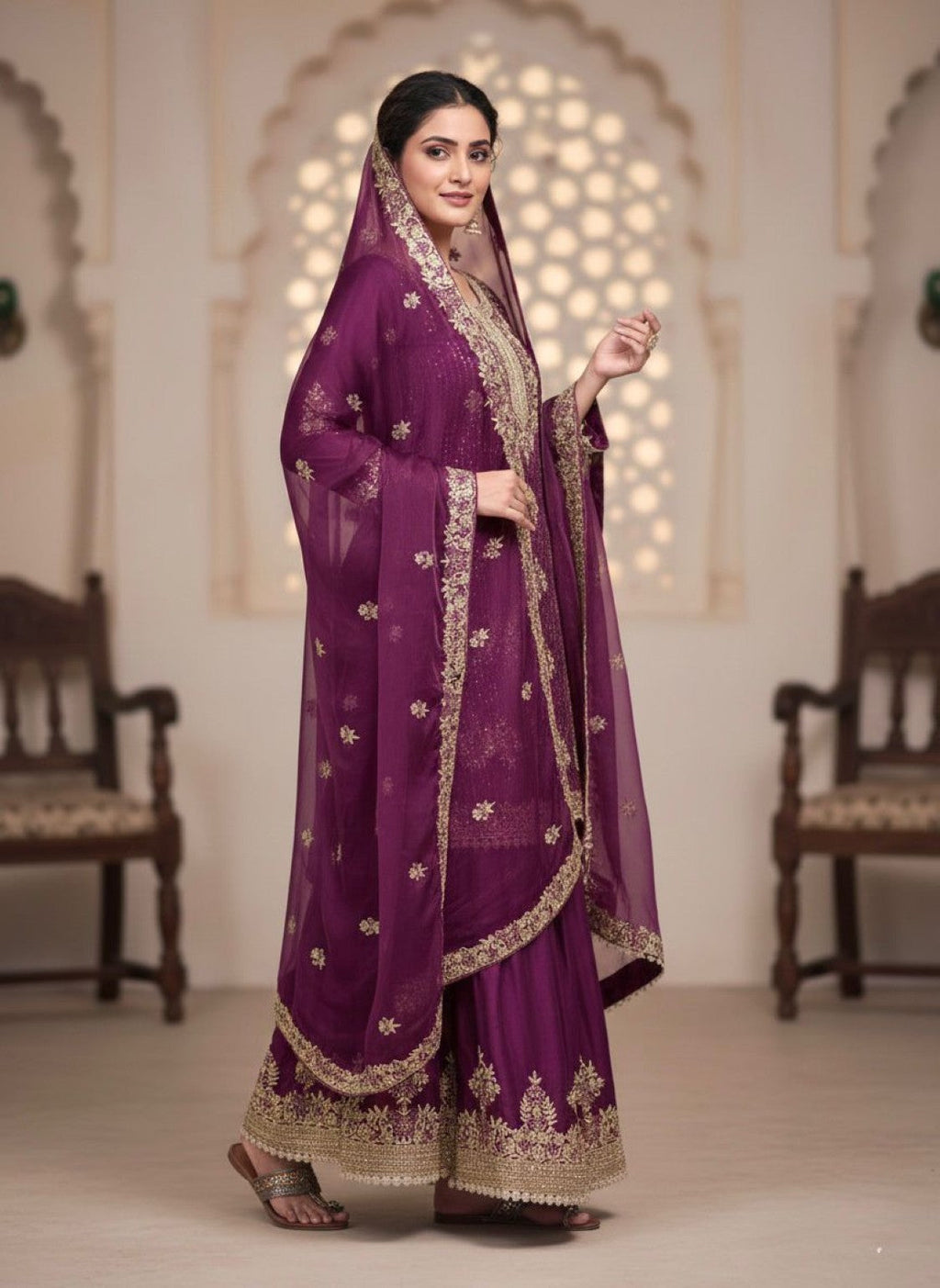 Anaita Purple Silk Readymade Suit with Embroidery & Diamond Work | Grocsy