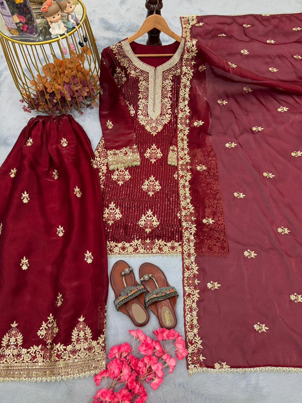 Anaita Maroon Silk Readymade Suit with Embroidery & Diamond Work | Grocsy