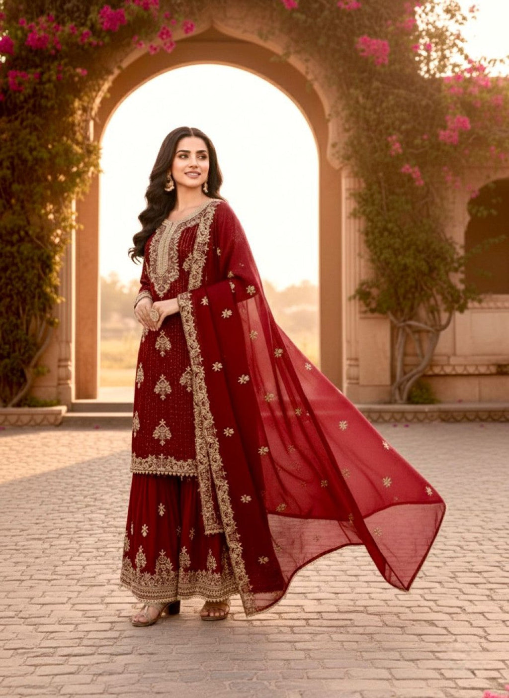Anaita Maroon Silk Readymade Suit with Embroidery & Diamond Work | Grocsy